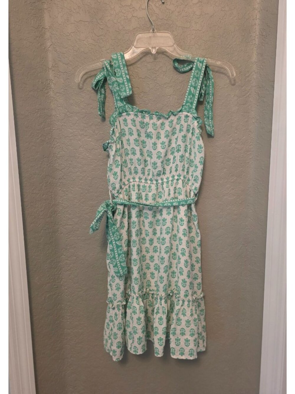 Blu Pepper Kelly Green White Floral "Gauzy" Belted Sundress S Lined